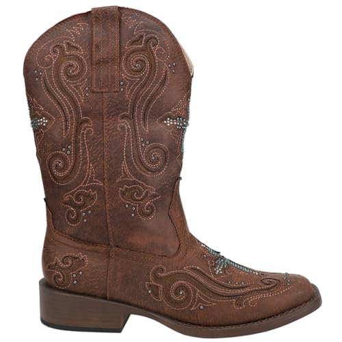 ROPER Womens Faith Rhinestone Square Toe Casual Boots Mid Calf Low Heel 1-2" - Brown - Size 6 B