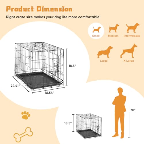 DUMOS Dog Crate, 24 Inch Small Double Door Dog Cage with Divider Panel and Plastic Leak-Proof Pan Tray, Folding Metal Wire Pet Kennel for Indoor, Outdoor, Travel