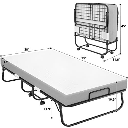 Homieasy Folding Bed with Mattress, Portable Foldable Bed with Storage Cover, Rollaway Bed for Adults with Memory Foam Mattress and Metal Frame, Cot Size Extra Guest Bed on Wheels (75” x 31”)