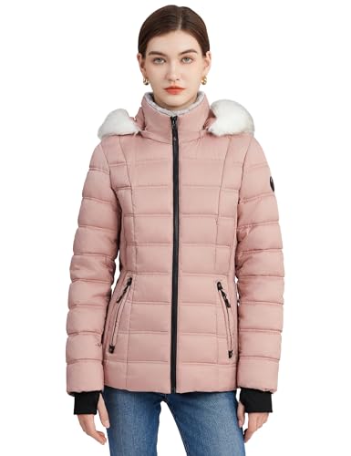 SLOWTOWN Women's Puffer Jacket Warm Hooded Winter Puffy Jacket with Faux-Fur Trim and Collar (Pink, Small)