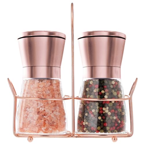 bonris Copper Stainless Steel Salt and Pepper Grinder Set Manual Himalayan Pink Salt Mill|Salt and Pepper Shakers with Adjustable Coarseness and Clear Glass Body (Pack of 2) (SHORT)