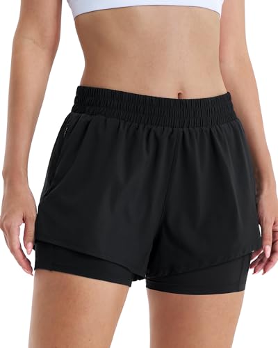 Stelle Women's 2 in 1 Running Shorts Athletic Workout Gym Shorts High Waisted Shorts with Liner Zipper Pockets (Black, X-Small)