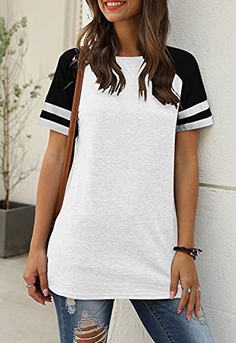 Adibosy Women Summer Casual Shirts: Short Sleeve Striped Tunic Tops - Ladies Loose Crew Neck Tee Tshirt Blouses White L