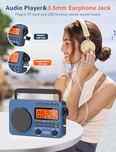 Digital AM FM Shortwave Radio with Best Reception,4000mAh Rechargeable Portable Radio with NOAA Weather Alert, Big Speaker, Digital Tuner and Stereo Earphone,Support Micro SD Card and USB MP3 Player