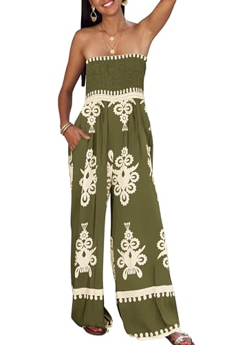 PRETTYGARDEN Women's Summer Boho Jumpsuits One Piece Beach Vacation Outfits Spaghetti Strap Wide Leg Pants Rompers (Army Green,Small)