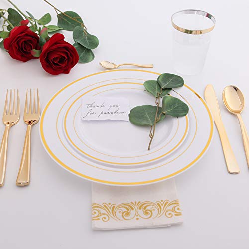 WDF 120 pieces Gold Disposable Plastic Plates - White and Gold Plates Include 10.25" Dinner Plates & 7.5" Salad Plates for Weddings and Party