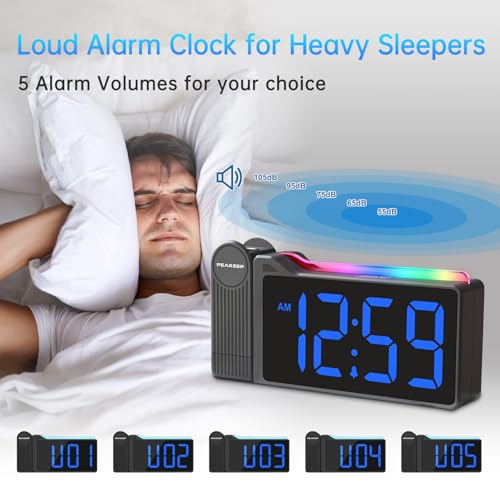 Peakeep Digital Clock, Nightlight Projection Alarm Clock for Bedroom Ceiling, LED Plug in Electric Bedside Clock USB Charger, Battery Backup, Large Numbers Loud Alarm Clock for Heavy Sleepers (Blue)