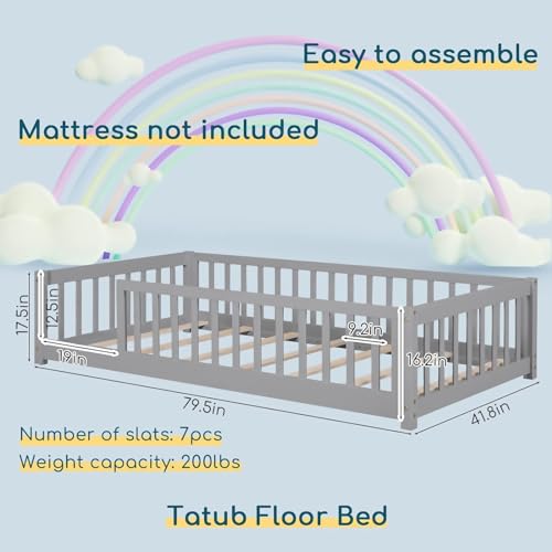 Tatub Twin Floor Bed for Kids with Safety Guardrails and Door and Slats, Wood Kids Montessori Floor Bed Frame for Girls and Boys, Twin-White Without Door