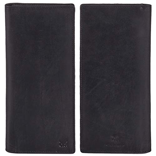 Long Wallet for Men Women Real Leather Bifold RFID Stylish Slim Handmade 2 ID Window Credit Card Holder in Gift Box (Black, Crazy Horse)