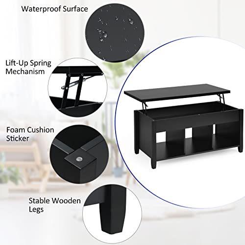 Tangkula Wood Lift Top Modern Coffee Table w/Hidden Compartment and Open Storage Shelf for Living Room Office Reception Room (Black)