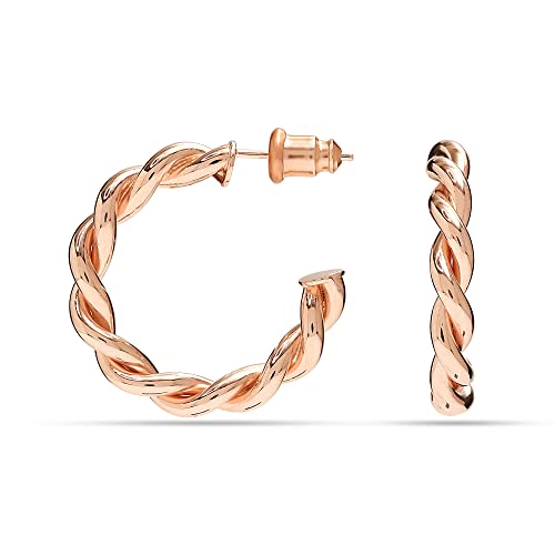 Charmsy 925 Sterling Silver Hoop Earrings for Women | 18K Rose Gold Plated Lightweight Open C Hoops Earring | Size 30mm