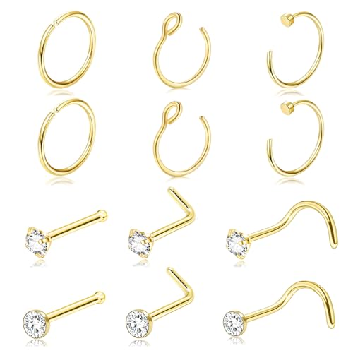 DAILI 12PCS 20G Nose Rings Studs, Surgical Steel Nose Ring L Shaped Corkscrew Bone Nose Stud Gold Nose Ring Hoop Nose Piercing Jewelry Hypoallergenic Cubic Zirconia Nose Stud Set for Women Men