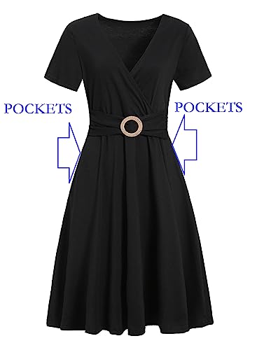 Women's Elegant Criss-Cross V Neck Vintage Short Sleeve Work Casual Party Swing Tea Dress with Pockets 980 (M, Navy Blue)