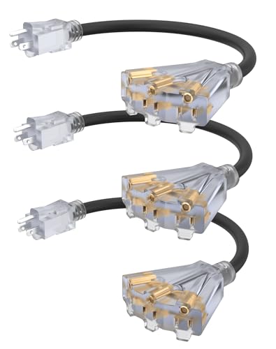 2FT 12 Gauge Outdoor Extension Cord with 3-Outlets, 3Pack, Heavy Duty 3 Prong Extension Cord Waterproof with Lighted end, 15A 12AWG 1875W SJTW, ETL Listed, Black