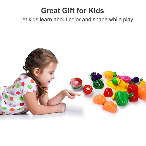 Cutting Fruits Vegetables Set, 16 Pack Play Kitchen Plastic Cutting Food for Kids Pretend Play Kitchen Toys Educational Food Toys for Children Girls Boys Best for 3, 4, 5 Year Olds