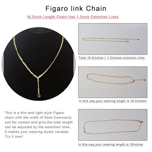 SILILUN Figaro Chain Necklace 14K Real Gold Plated Jewelry for Men Women (3mm Wide, 16.5 Inches 14K Gold)