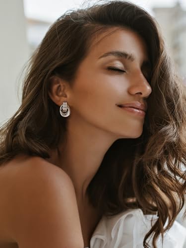 SWEETV Silver Statement Geometric Dangle Drop Earrings for Women, Trendy Chunky Twisted Knot Link Earring Dupes, Fashion Women's Stud Earrings Jewelry Gift,Silver
