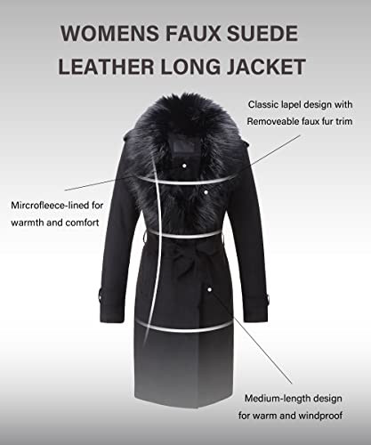 Bellivera Women's Faux Suede Leather Jacket Lapel Outwear Trench Dress Coat Leather FF20 Black S