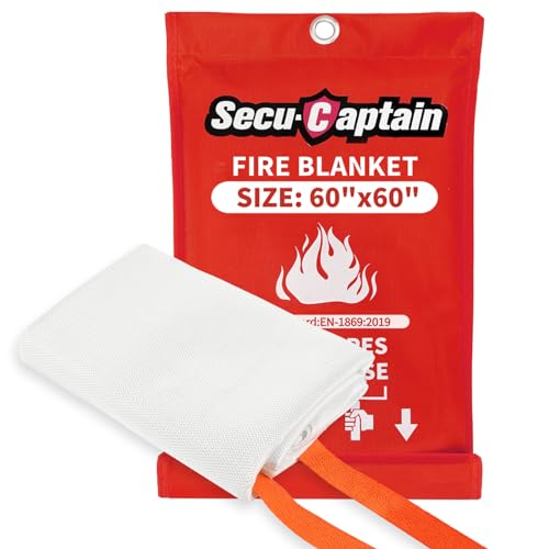 SecuCaptain Emergency Fire Blanket for Home - 60"x60" X-Large Flame Retardant Blankets with Fireproof Tabs for House Camping Kitchen Fire Protection Survival Safety