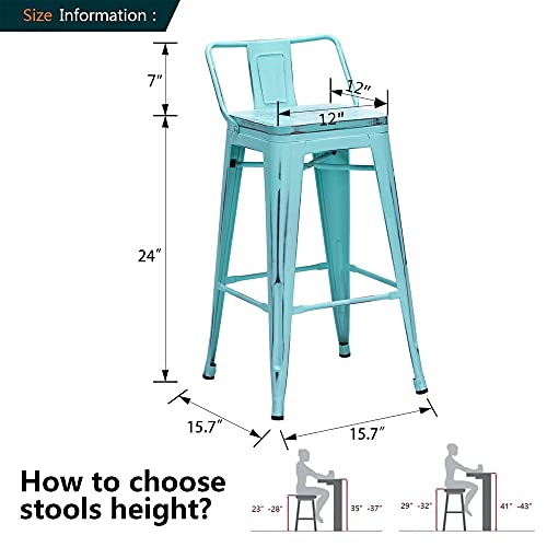 Alunaune 24" Metal Bar Stools Set of 4 Industrial Counter Height Barstools Kitchen Counter Stool Wood Top Low Back-Distressed Blue