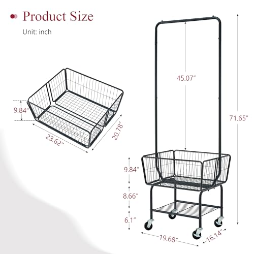 Tajsoon Laundry Cart with Hanging Rack, Metal Laundry Basket with Wheels, Laundry Hamper with Storage Basket and Shelf, Rolling Laundry Cart with Wheels, Black