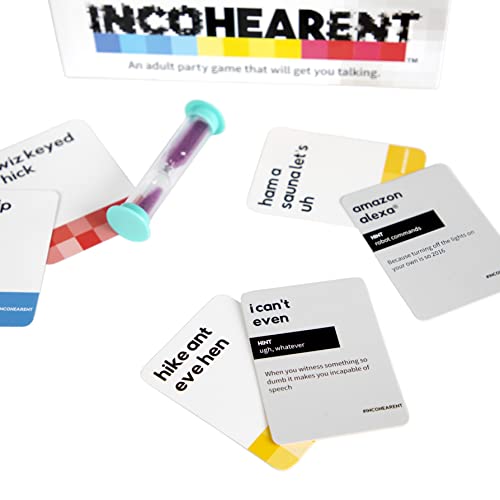 Incohearent, The Guess the Gibberish Party Game by Relatable, A Funny Card Game for Adults, Great for Christmas Party Games and Hanukkah Gifts, Includes 400 Cards, Instructions, and 1 Sand Timer