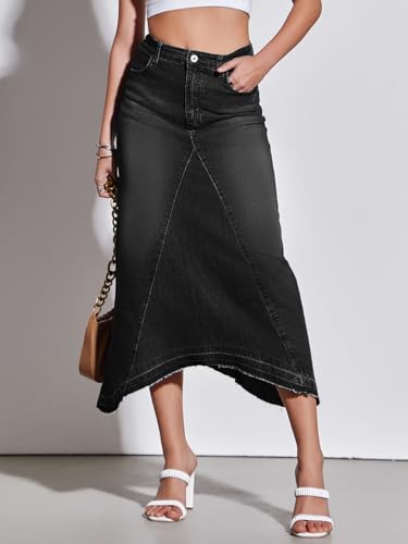 Fisoew Womens Denim Maxi Skirt Casual High Waist A-Line Frayed Irregular Hem Long Jean Skirt
