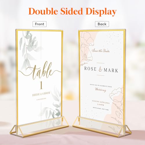 Lifewit 6 Pack 4x6 Acrylic Sign Holder with Gold Borders, Clear Vertical Double-sided Stand, Plastic Menu Holders, Table Number Holders Picture Frames for Wedding, Party, Restaurant decor