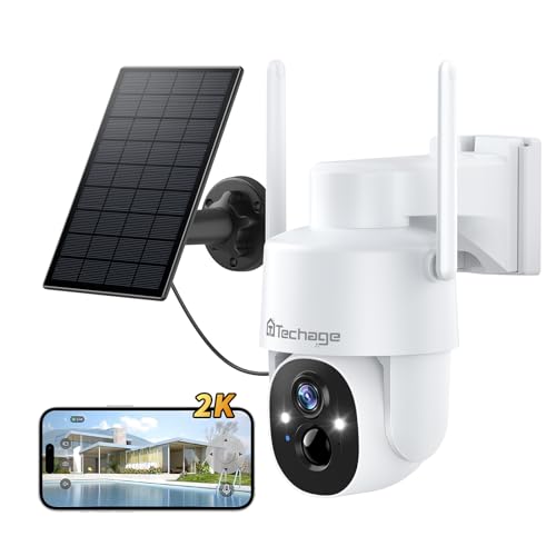 Solar Security Camera Wireless Outdoor, 2K WiFi Cameras for Home Security, 360° PTZ Surveillance Camera with PIR, Color Night Vision, 2-Way Talk, IP66 Waterproof, SD/Cloud, Work with Alexa (2 Pack)