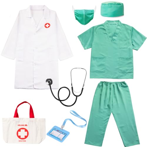 Meland Doctor Costume for Kids - Kids Scrubs with Lab Coat & Carry Bag, Doctor Dress Up for Halloween, Career Day Role Play(Green,3-4 Years)