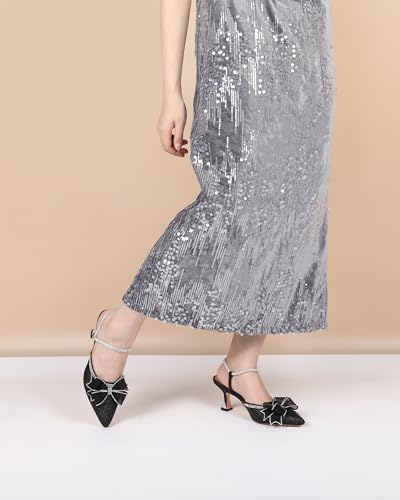AUMOTED Rhinestone Heels for Women Kitten Heel Sandals Pointed Toe Slip On Heeled Mule with Bow Sparkly Satin Dress Mesh 2.5 Inch Summer Heels Black US Size 8.5