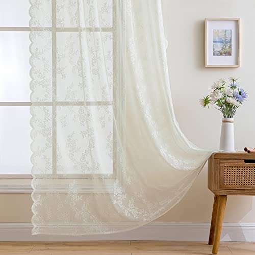 MIULEE White Lace Curtains 84 Inches Long for Living Room Bedroom, Scalloped Sheer Curtains Rose Floral Embroidered Farmhouse Window Drapes Vintage European Tulle Retro Style, Rod Pocket, 2 Panels Set