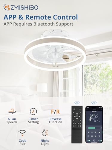 ZMISHIBO Low Profile Ceiling Fans with Lights and Remote, Modern Flush Mount Ceiling Fan, Dimmable LED Small Fan Light, 13 Inch Fandelier Ceiling Fan with Light for Bedroom, Black