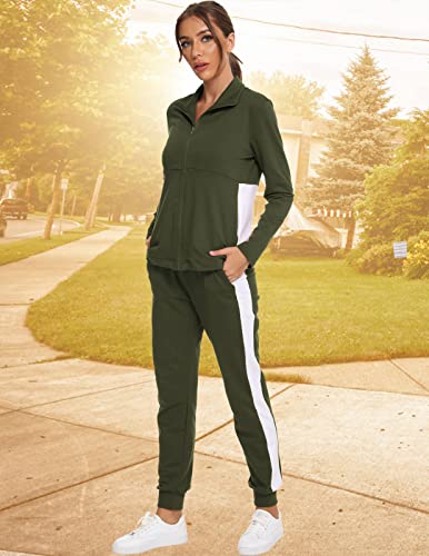 HALCYEEN Women's Striped Jogging Suits Set Soft Cotton Pants and Jacket Outfit with Pockets Army Green S