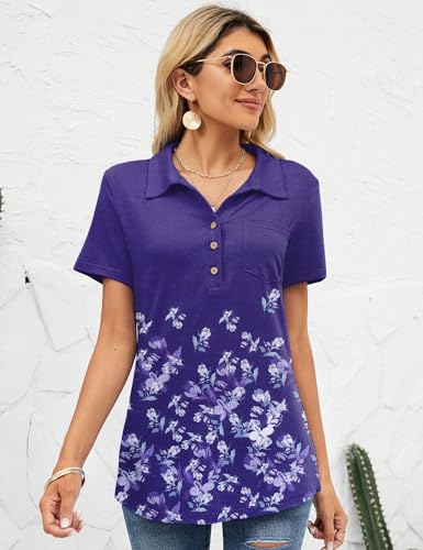 TFSDOD Womens Casual Polo T Shirts V Neck Short Sleeve Button Down Business Casual Tops Loose Work Blouses Floral Apricot Black S