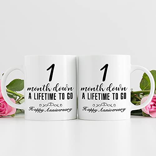 aiyaya 1 Month Anniversary Mugs for Girlfriend Boyfriend - One Month Anniversary Mug for Him Her Couple Lovers - 1 Month Down A Lifetime To Go Happy Anniversary Mug - 11 oz Coffee Mug