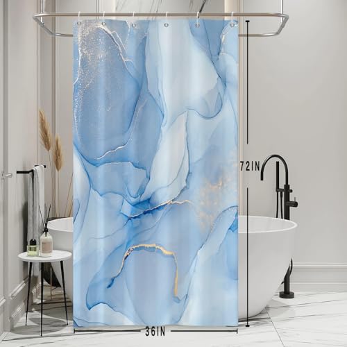 Baocicoo Dusty Blue Gold Marble Shower Curtain Sets Modern Ink Art Luxury Shower Curtain for Bathroom Hostel Hotel Living Room Decor Waterproof Durable Fabric Shower Curtain with Hooks 48x72 Inches