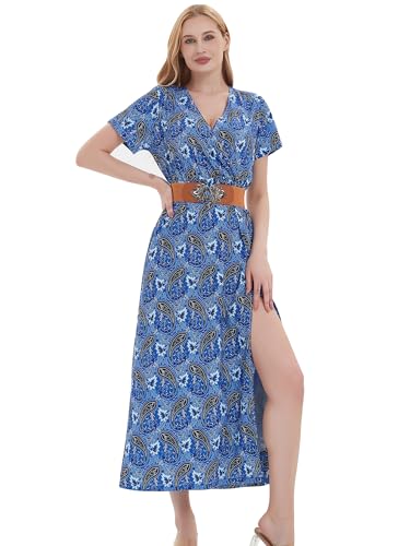 MessBebe Womens 2024 Summer Floral Maxi Dress Wrap V Neck Short Sleeve Beach Party Flowy Long Boho Dresses with Belt Blue