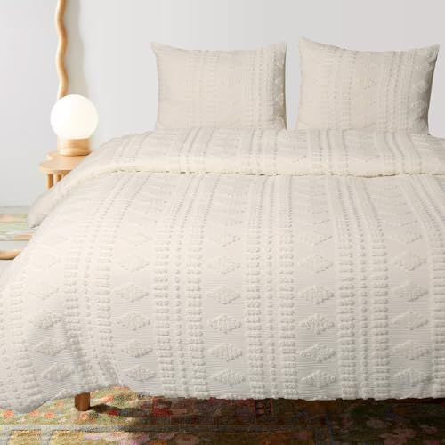 YINFUNG Tufted Duvet Cover Queen Cream Ivory Boho Cotton Beige Shabby Chic Striped Off White Diamonds Poms Textured Embroidery Moroccan Bedding Set Farmhouse Geometric