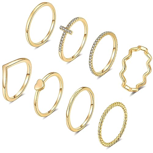 Honsny 8PCS 14K Gold Plated Rings for Women, Dainty Gold CZ Cross Heart Stackable Rings Stacking Band Ring Set for Women Size 4-11