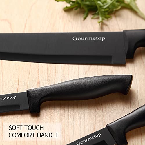 Gourmetop Kitchen Knife Set with No Drilling Magnetic Strip, Knives Set for Kitchen Black Cooking Knives, Sharp Stainless Steel Chef Knife Set for Cutting Meat & Vegetable, Small Knife Set