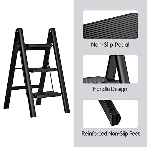 JOISCOPE 3 Step Ladder,Lightweight Folding Step Stool with Anti-Slip Pedal,600 lbs Portable Sturdy Steel Ladder for Adults,Multi Purpose Folding Ladder for Home Kitchen Office,Space Saving,Black