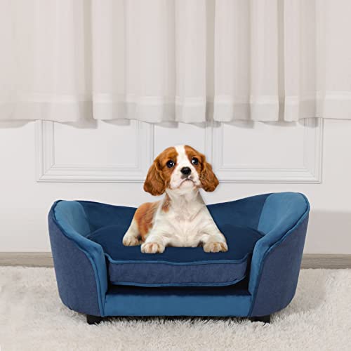 Pet Sofa Bed/Velvet & Linen Fabric Pet Couch with Removeable & Washable Cushion for Small Dogs & Cats (Blue)