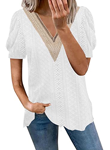 ETCYY Womens Tops Causal Puff Sleeve Summer Tops Trendy Cute Print Lace V Neck Solid Color Loose Fit Short Sleeve Shirts(M,C Lace Flower Gradient Blue)