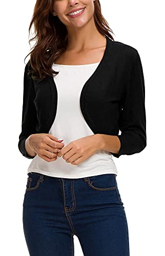 Women's Lightweight Knit Cropped Cardigan 3/4 Sleeve V-Neck Open Front Bolero Shrug for Dresses and Casual Wear (L, Apricot)