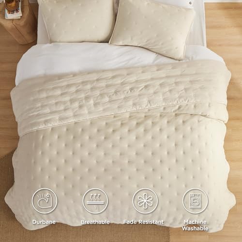 Bedsure Beige Quilt Bedding Set Bedspread Coverlets Queen Size - Lightweight Soft for All Seasons, Cross Stitch Quilt Set, 3 Pieces, 1 Quilt (90"x96") & 2 Pillow Shams (20"x26")