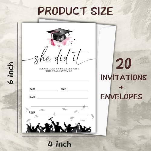 heiyihe 20 Graduation Invitations She Did It Grad Party invitation Grad Celebration for Girls 4x6 Inches Graduation Invitation with Envelopes Party Favor Supplies-A07