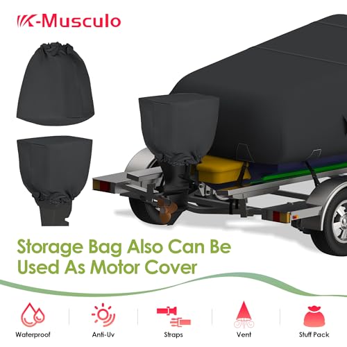 K-Musculo Boat Cover, 12-14 ft Heavy Duty 800D Waterproof Boat Cover, Tear UV Resistant Boat Cover with Motor Cover, Fits V-Hull, Tri-Hull, Runabout Boat Cover (Boat Width 68in, Black)