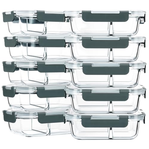 M MCIRCO 10-Pack,30 Oz Glass Meal Prep Containers 2 Compartments, Airtight Glass Lunch Bento Boxes with Lids, Glass Food Storage Containers, Microwave, Oven, Freezer and Dishwasher