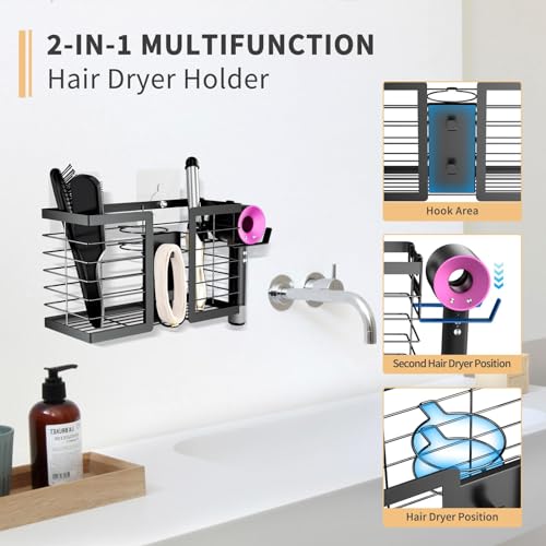 Hair Tool Organizer Hair Dryer Holder, 3 in 1 Metal Bathroom Blow Dryer Organizer Wall Mount for Flat Iron, Curling Iron, Straightener, Hair Care & Styling Tools Storage and Organizer (Black)-2pcs